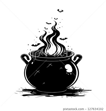 Spooky black cauldron with flames and bats on white background for Halloween art. Spooky black cauldron with flames and bats on white background for Halloween art. 127634102