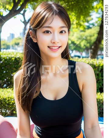 在公園裡做瑜伽的年輕女子 在公園裡做瑜伽的年輕女子 127634293