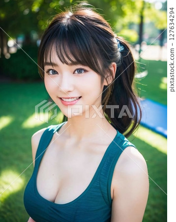 年輕女子在公園的草地上放鬆 127634294