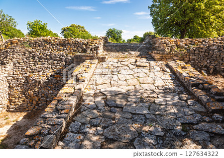 Ancient stone ramp of Troy II palace complex with retaining walls in archaeological site of Troy Turkey 127634322