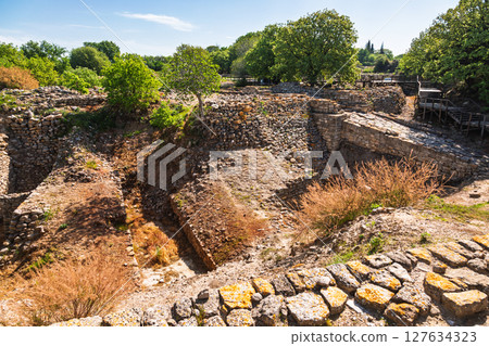 Ceremonial ramp of the palace complex in ancient Troy II with stone retaining walls and excavation trench in Canakkale Turkey 127634323