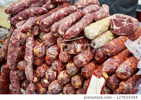 Raw smoked sausages 127634384