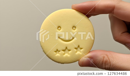 A person holds a round, yellow cookie with a smiley face and three stars. Happiness and positive consumer feedback concept. 127634486