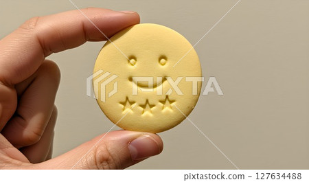 A person holds a round, yellow cookie with a smiley face and three stars. Happiness and positive consumer feedback concept. 127634488