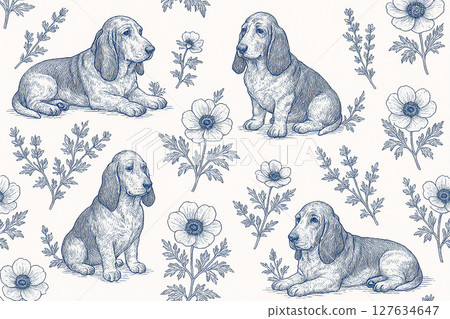 帶有巴吉度獵犬和花朵的精緻線條畫圖案 127634647
