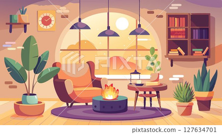 The warm lighting and comfortable setting create a peaceful and nurturing atmosphere. 127634701