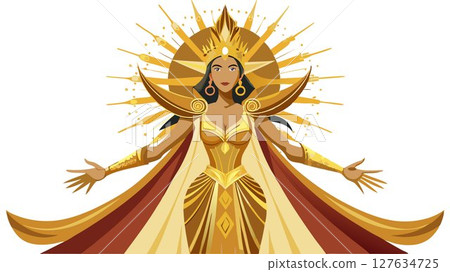She's dressed in a shimmering gold gown and an ornate headdress, radiating grace and power. 127634725