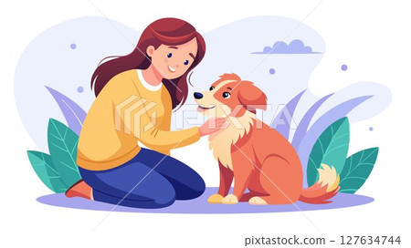 The woman gently strokes the puppy's soft fur, her touch tender and loving. 127634744