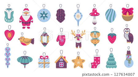 Flat christmas toys. Various retro xmas tree decorations. Glass toy santa, reindeer, owl, gift, mushroom. Winter holidays neoteric vector elements 127634807