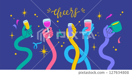 Flexible hands cheers banner. Curved hand holding cup, glass of wine and champagne, beer. Creative positive party poster, drink festival, neoteric vector template 127634808