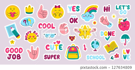 Kids diary stickers. Funny planners or personal journal badges. Cute daily list decoration elements, hands, sun, apple, stars, texts, neoteric vector design Kids diary stickers. Funny planners or personal journal badges. Cute daily list decoration elements, hands, sun, apple, stars, texts, neoteric vector design 127634809