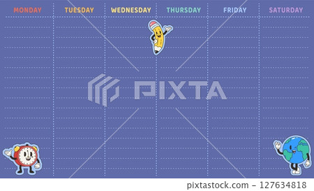 Timetable design. From monday to saturday columns to fill, schedule, notes. Cute groovy stickers planet globe, alarm clock and funny pencil, vector template Timetable design. From monday to saturday columns to fill, schedule, notes. Cute groovy stickers planet globe, alarm clock and funny pencil, vector template 127634818
