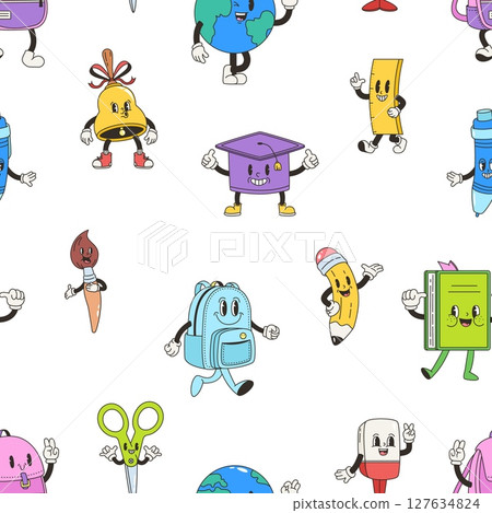 Stationery characters seamless pattern. Groovy retro style book brush scissors backpack. Trendy print for fabric wrapping wallpaper, vector background 127634824