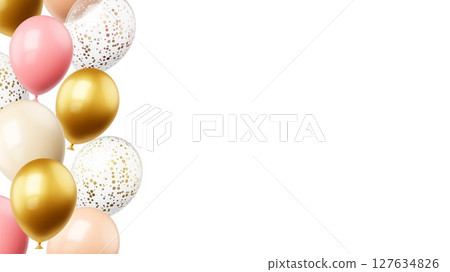 Realistic balloons background with empty white space. Pink gold transparent balloon with glitters isolated. Birthday, wedding, anniversary vector banner Realistic balloons background with empty white space. Pink gold transparent balloon with glitters isolated. Birthday, wedding, anniversary vector banner 127634826