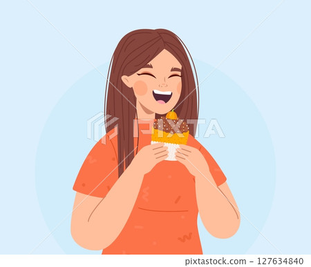 Happy girl eating cupcake. Pumpkin season, autumn delicious food from cafe. Teen with sweet choco creamy bakery, seasonal food vector scene 127634840