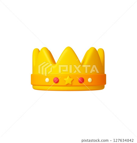 Golden crown 3d icon. Realistic queen king princess or prince head accessory, power symbol and winner. Kingdom element, isolated realistic vector object 127634842
