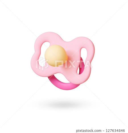 Baby pacifier 3d icon. Isolated realistic pink silicone nipple with plastic details for girl. Newborn accessory, toddler soother for calm, vector element 127634846