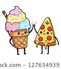 Adorable cartoon ice cream cone and pizza slice high five vector illustration 127634939