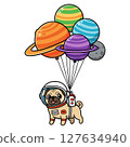 Adorable pug astronaut soaring with planet balloons vector illustration 127634940