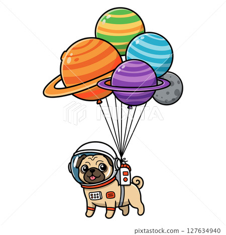 Adorable pug astronaut soaring with planet balloons vector illustration 127634940