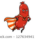 Super sausage cartoon character in flight with cape vector illustration 127634941