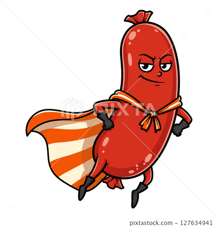 Super sausage cartoon character in flight with cape vector illustration 127634941