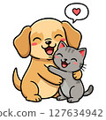 Adorable cartoon dog and cat embracing with love vector illustration 127634942