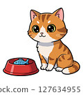 Adorable orange tabby kitten sitting near red food bowl with fish vector illustration 127634955