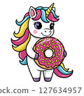 Adorable cartoon unicorn holding a pink sprinkled donut vector illustration 127634957