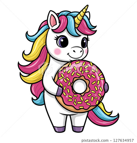 Adorable cartoon unicorn holding a pink sprinkled donut vector illustration Adorable cartoon unicorn holding a pink sprinkled donut vector illustration 127634957