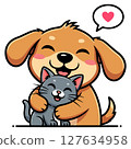 Adorable cartoon dog and cat embracing affectionately vector illustration 127634958