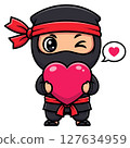 Adorable cartoon ninja character holding a heart with a winking expression vector illustration 127634959