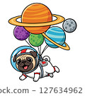 Adorable pug astronaut soaring through space with planets vector illustration 127634962