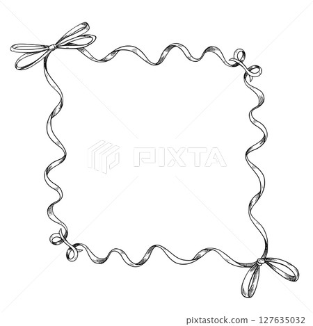 Vector outline illustration of square Ribbon Frame with bows in corners. Linear hand drawn drawing in black and white colors for packaging or stationery. Template for Baby shower or wedding cards. 127635032
