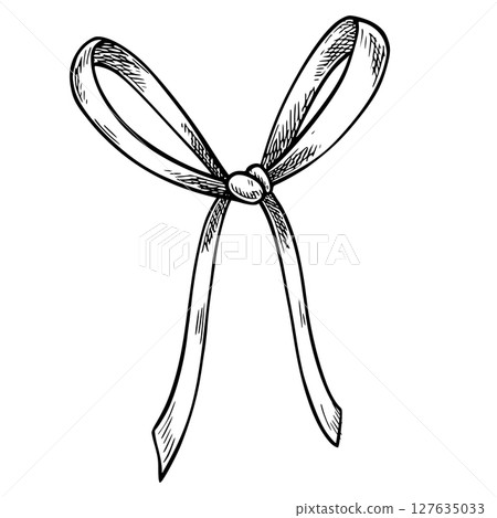 Vector illustration of Ribbon bow drawn in black and white engraving style. Etched drawing for wedding invitations, packaging or baby shower invitations. Engraving for vintage design projects. 127635033