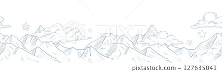 Vector border with clouds, stars, and mountain peaks in a dreamy linear style. Linear illustration of landscape for backgrounds in nursery design. Outline drawing for banner or childish wallpaper. Vector border with clouds, stars, and mountain peaks in a dreamy linear style. Linear illustration of landscape for backgrounds in nursery design. Outline drawing for banner or childish wallpaper. 127635041