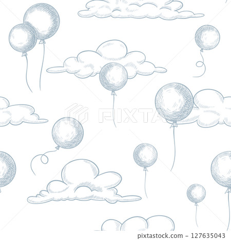 Seamless vector Pattern with Balloons floating among fluffy clouds in light blue outline. Linear drawing for childish background, nursery wallpaper or kids wrapping paper. Etching for baby design. 127635043