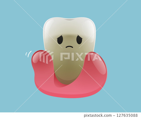 Cartoon tooth in pain with swollen gum and gum recession showing dental inflammation. 127635088