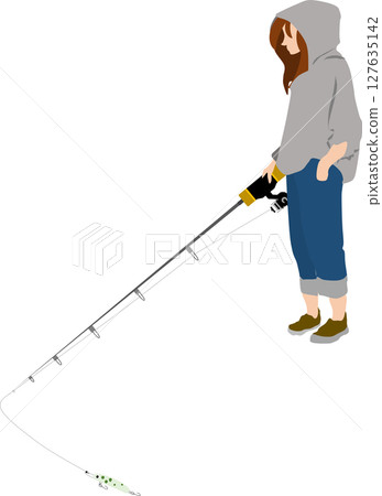 Silhouette illustration of a woman fishing Silhouette illustration of a woman fishing 127635142