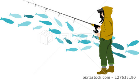 一名婦女在釣魚的剪影插圖 一名婦女在釣魚的剪影插圖 127635190
