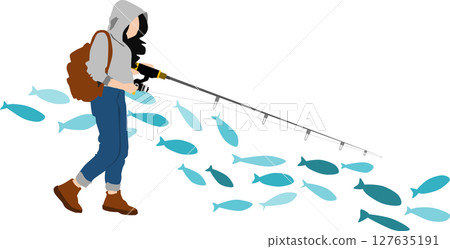 Silhouette illustration of a woman fishing 127635191
