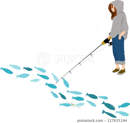 一名婦女在釣魚的剪影插圖 一名婦女在釣魚的剪影插圖 127635194
