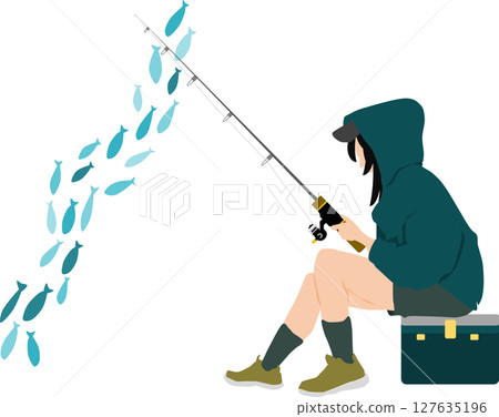 Silhouette illustration of a woman fishing 127635196