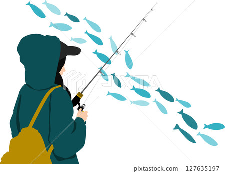 一名婦女在釣魚的剪影插圖 一名婦女在釣魚的剪影插圖 127635197