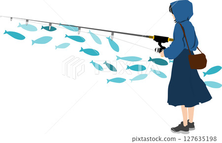 Silhouette illustration of a woman fishing 127635198
