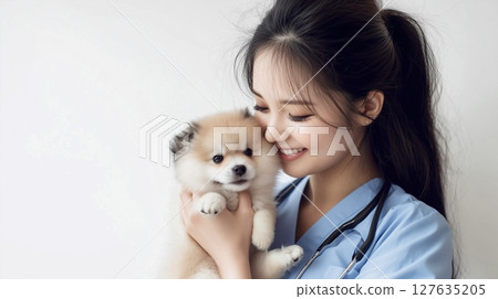 Portrait of a female veterinarian holding a puppy and smiling gently 127635205