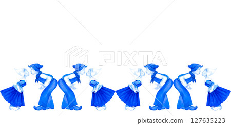 Seamless pattern of boy and girl in traditional clothing sharing a kiss. Blue-and-white Delftware style, classic ceramic art for souvenirs, postcards, kitchen decor, nostalgic, romantic 127635223