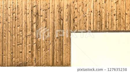 Textured wooden background with vertical planks. The wood has a natural finish, showcasing grain patterns and knots.  127635238