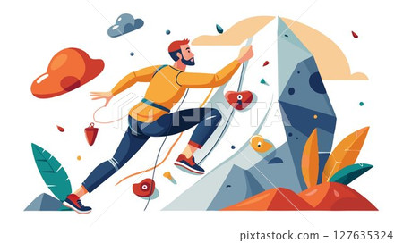 He assesses the rock face, searching for optimal handholds and footholds for his climb. 127635324