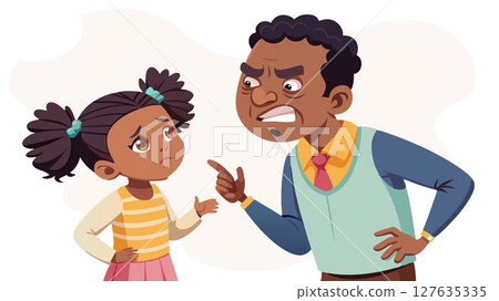 Her father attempts to engage her, his expression a mixture of concern and exasperation. 127635335